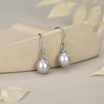 Sterling Silver Grey Pearl Earrings, Natural Freshwater Pearl Drop Hook Earrings in Sterling Silver, Oval Pearl Earrings
