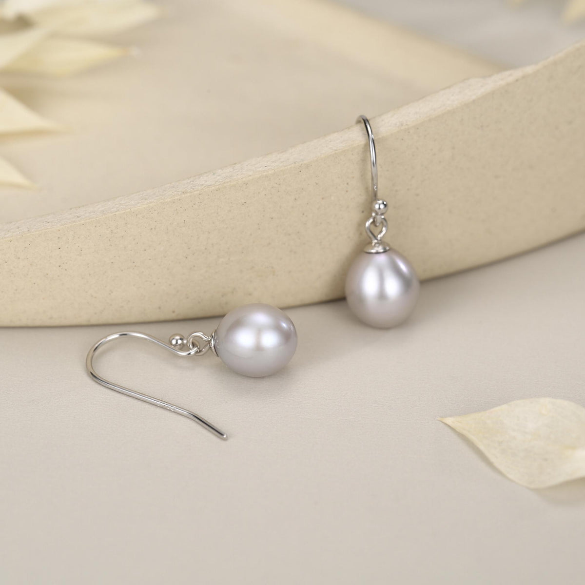Sterling Silver Grey Pearl Earrings, Natural Freshwater Pearl Drop Hook Earrings in Sterling Silver, Oval Pearl Earrings
