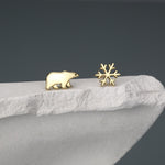 Mismatched Polar Bear and Snowflake Stud Earrings in Sterling Silver, Polar Bear and Snow Earrings, Polar Bear Earrings