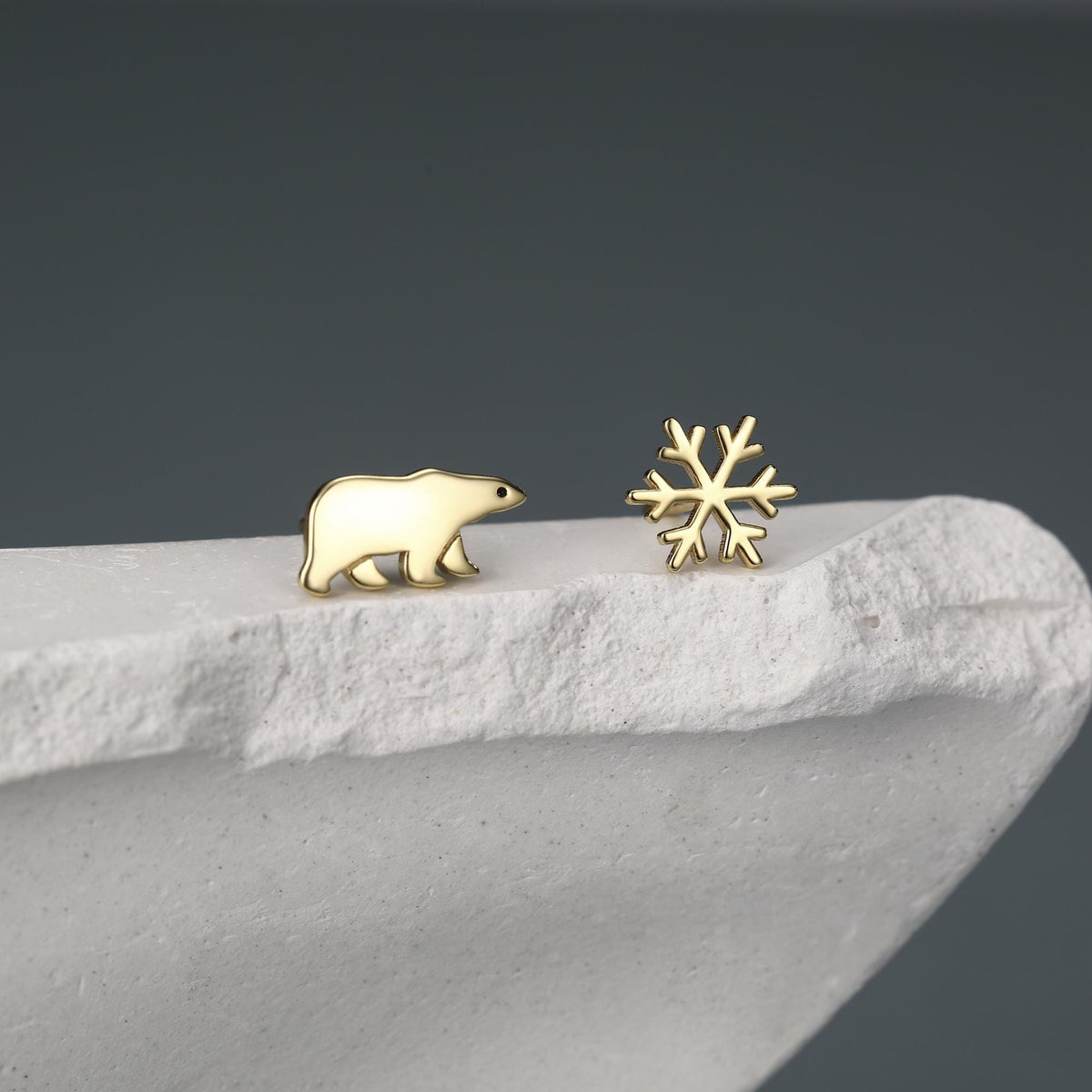Mismatched Polar Bear and Snowflake Stud Earrings in Sterling Silver, Polar Bear and Snow Earrings, Polar Bear Earrings