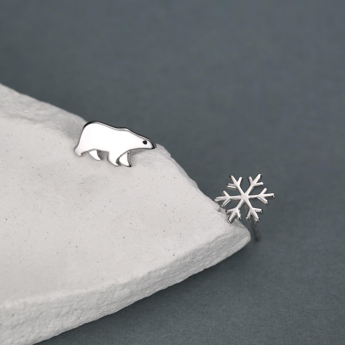 Mismatched Polar Bear and Snowflake Stud Earrings in Sterling Silver, Polar Bear and Snow Earrings, Polar Bear Earrings
