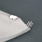 Mismatched Polar Bear and Snowflake Stud Earrings in Sterling Silver, Polar Bear and Snow Earrings, Polar Bear Earrings