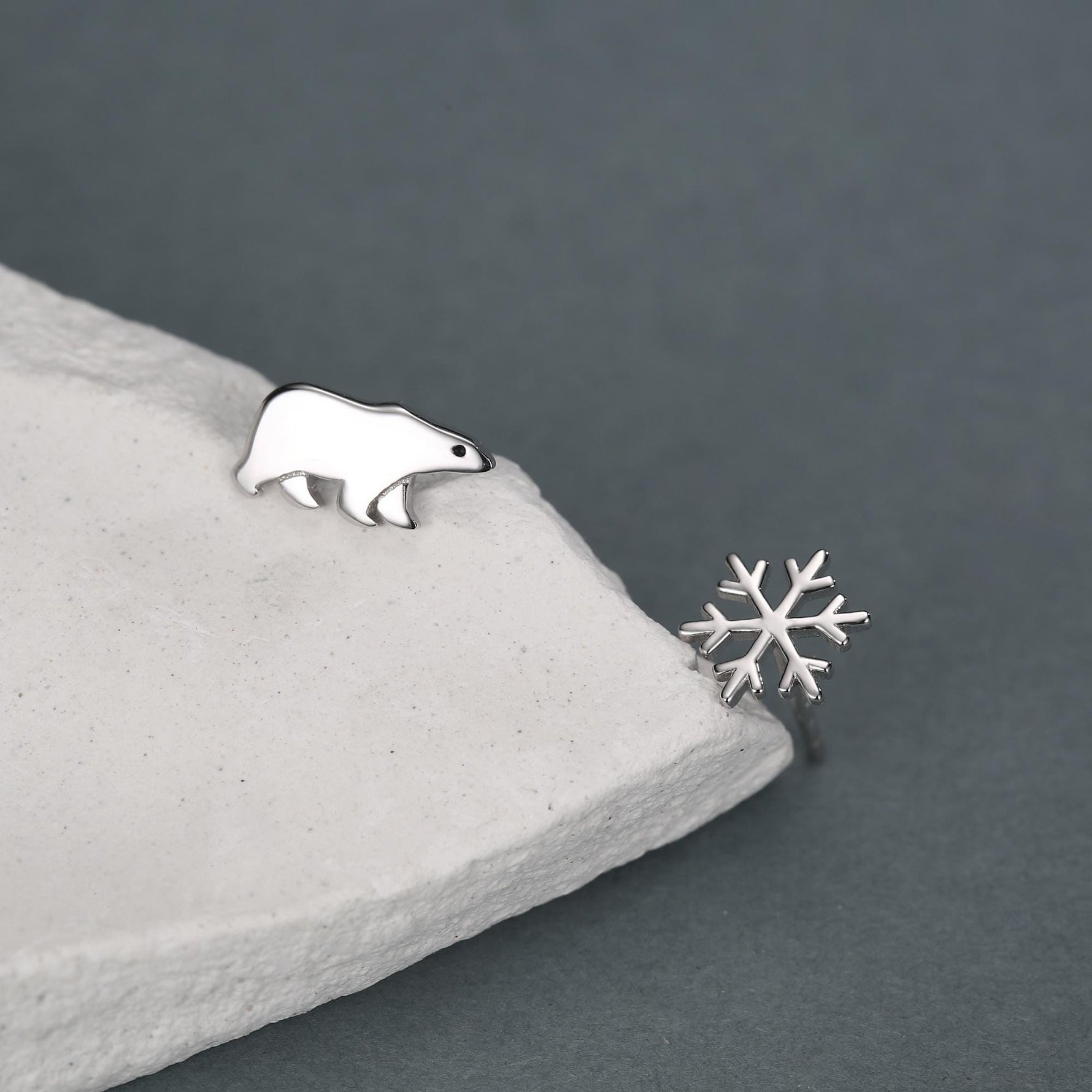 Mismatched Polar Bear and Snowflake Stud Earrings in Sterling Silver, Polar Bear and Snow Earrings, Polar Bear Earrings