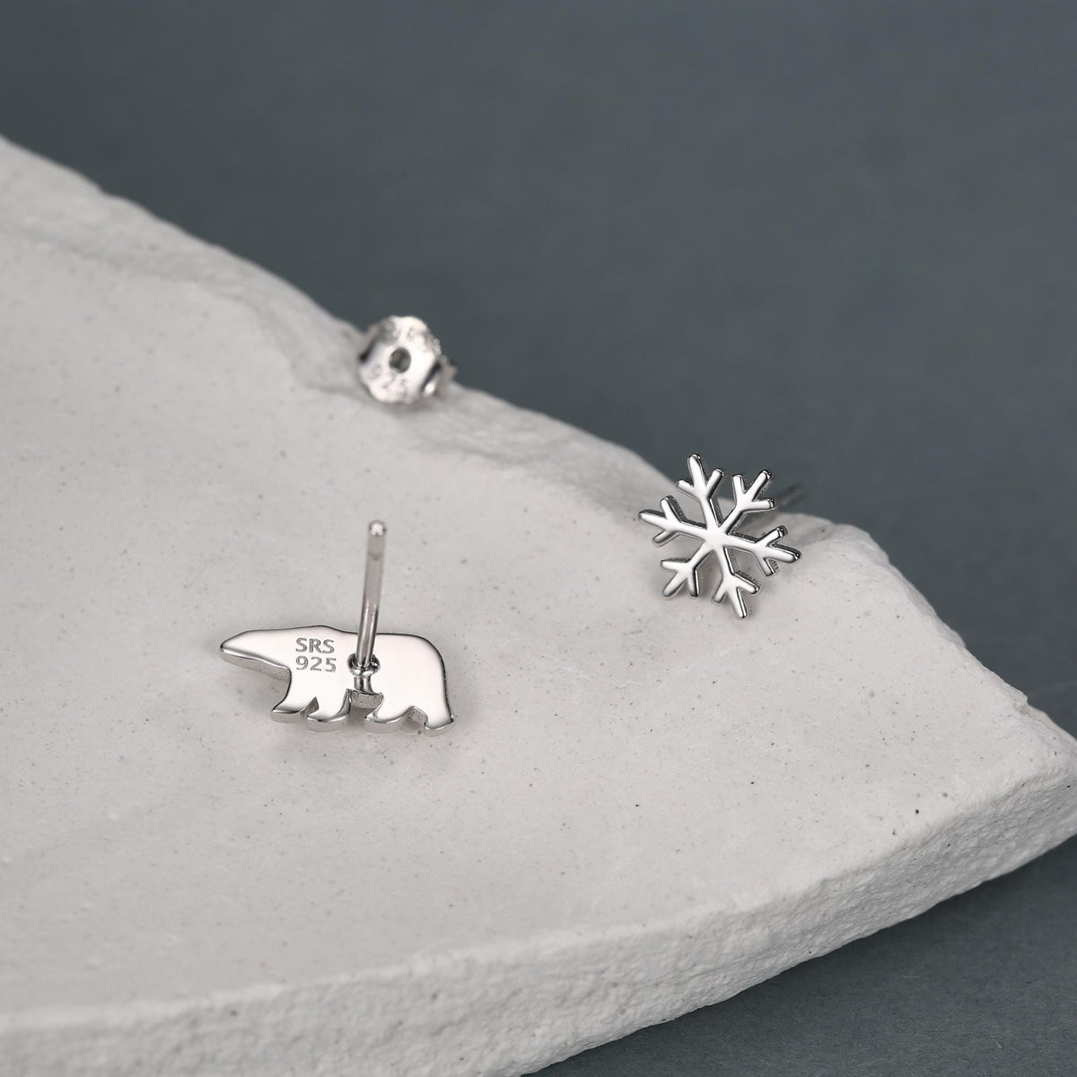 Mismatched Polar Bear and Snowflake Stud Earrings in Sterling Silver, Polar Bear and Snow Earrings, Polar Bear Earrings