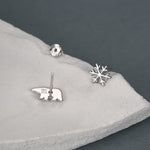 Mismatched Polar Bear and Snowflake Stud Earrings in Sterling Silver, Polar Bear and Snow Earrings, Polar Bear Earrings