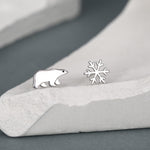 Mismatched Polar Bear and Snowflake Stud Earrings in Sterling Silver, Polar Bear and Snow Earrings, Polar Bear Earrings