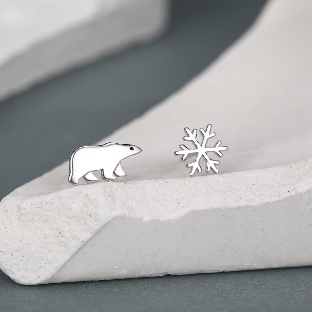 Mismatched Polar Bear and Snowflake Stud Earrings in Sterling Silver, Polar Bear and Snow Earrings, Polar Bear Earrings