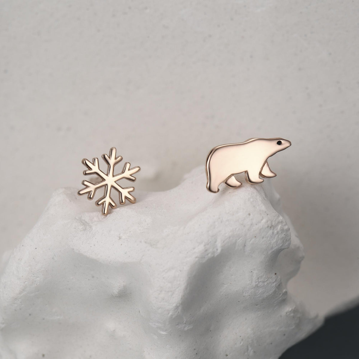 Mismatched Polar Bear and Snowflake Stud Earrings in Sterling Silver, Polar Bear and Snow Earrings, Polar Bear Earrings