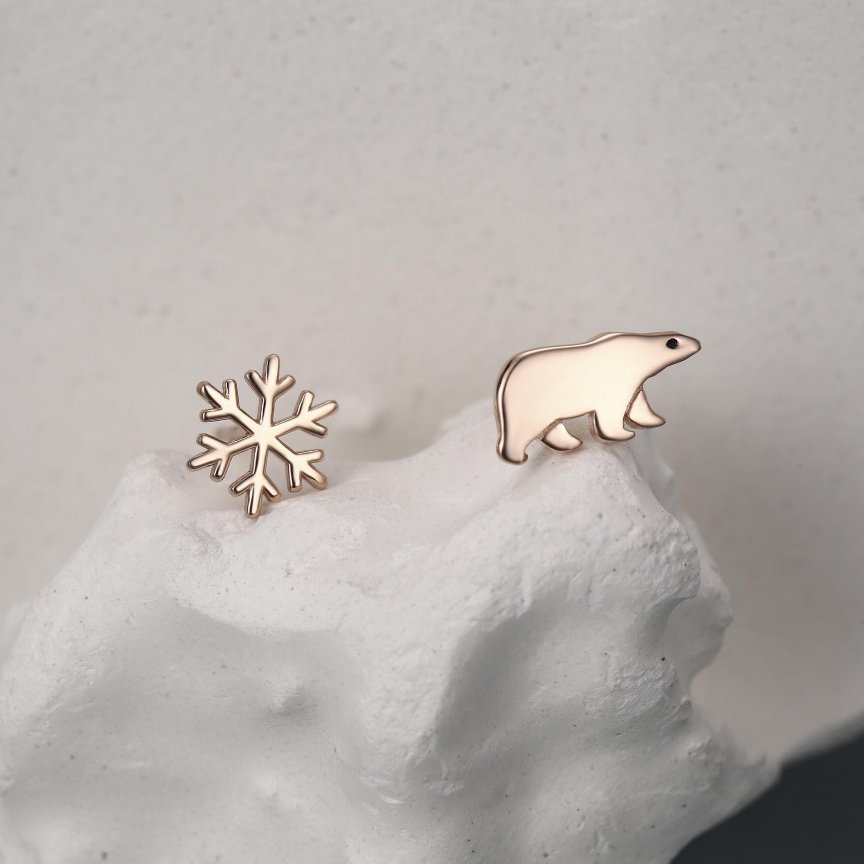 Mismatched Polar Bear and Snowflake Stud Earrings in Sterling Silver, Polar Bear and Snow Earrings, Polar Bear Earrings