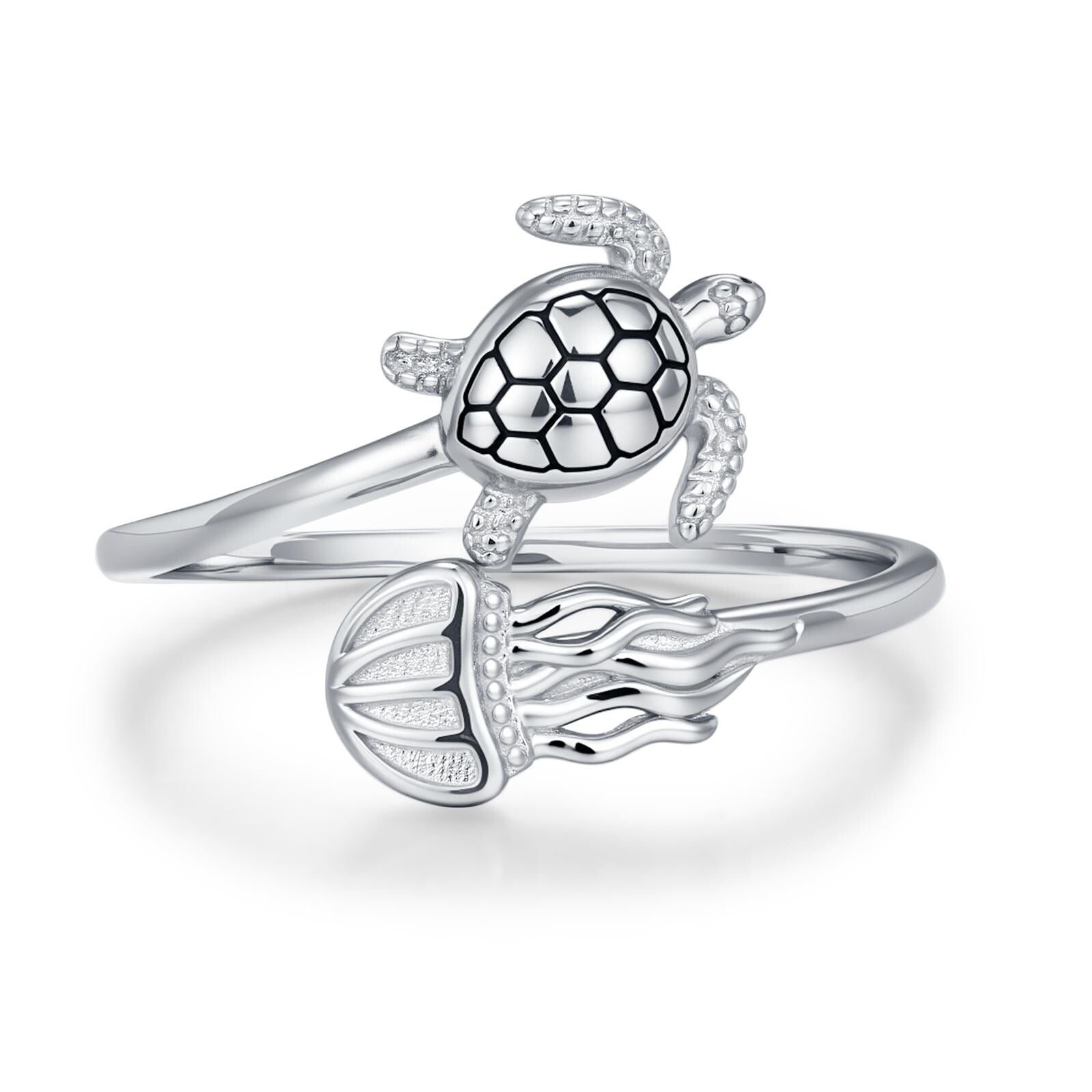 Sterling Silver Sea Turtle and Jellyfish Open Ring