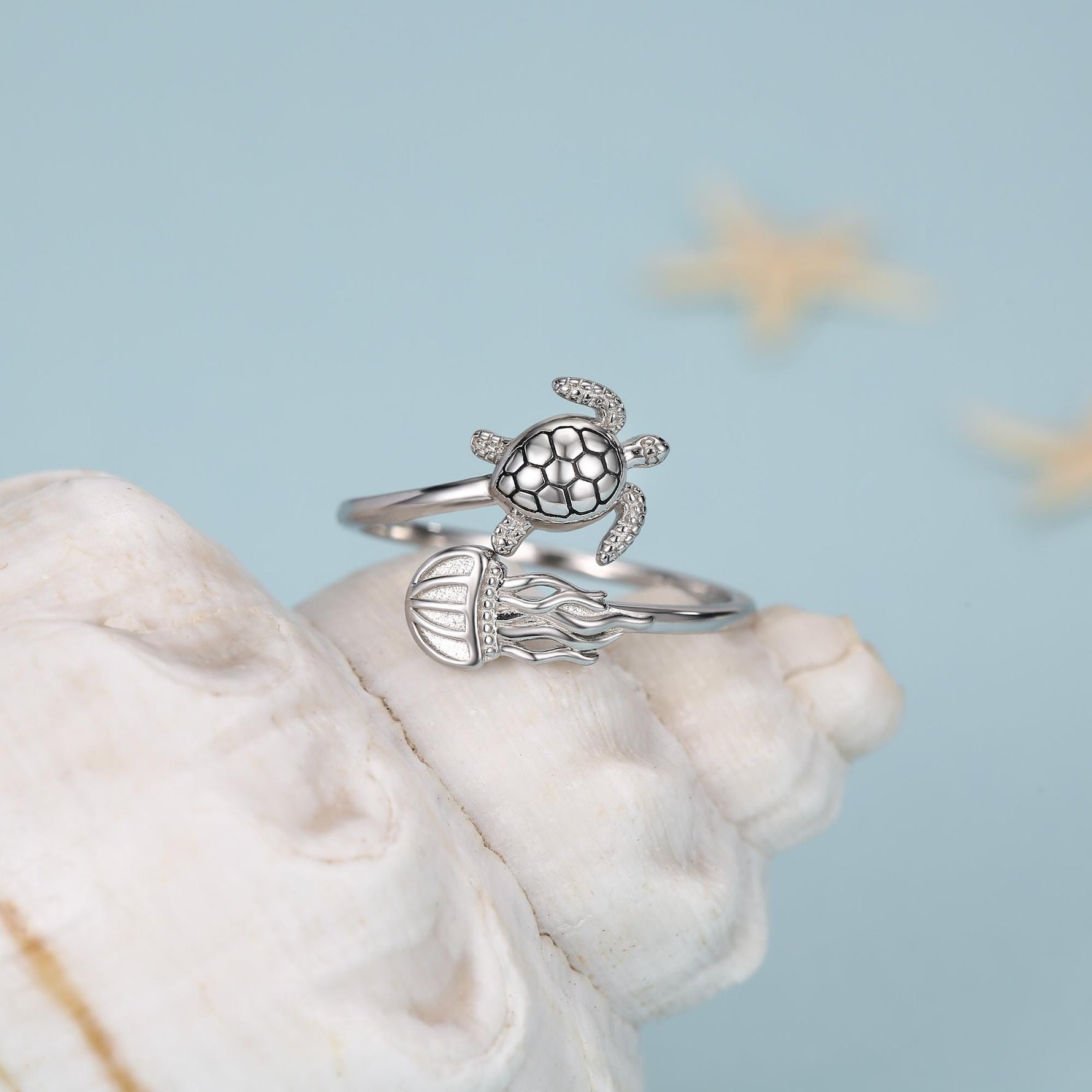 Sterling Silver Sea Turtle and Jellyfish Open Ring