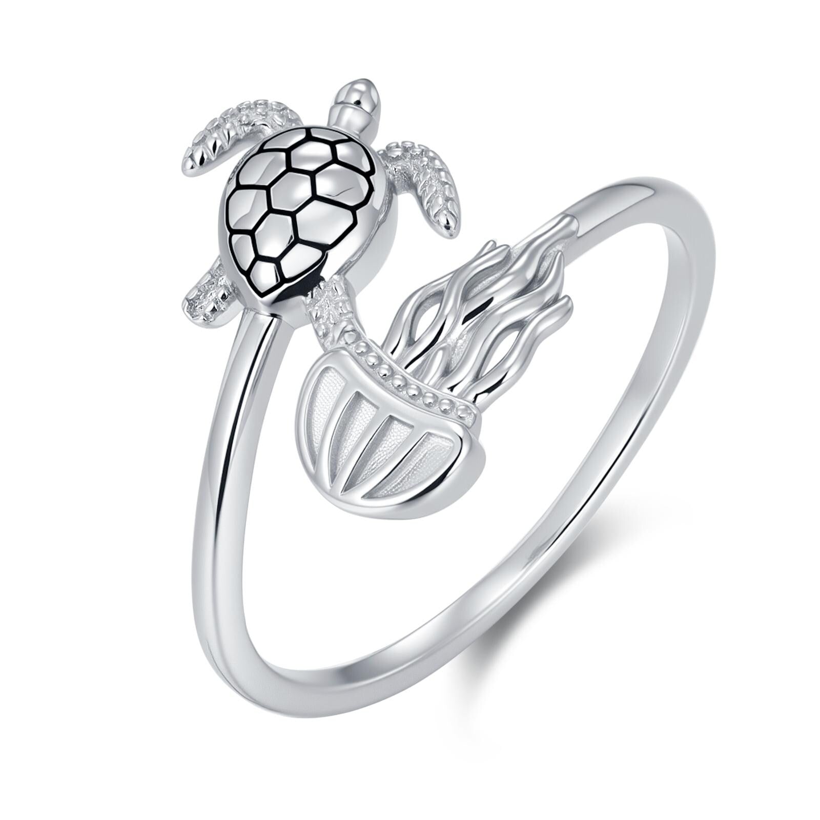 Sterling Silver Sea Turtle and Jellyfish Open Ring