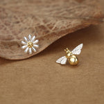 Mismatched Bumble Bee and Daisy Stud Earrings in Sterling Silver, Silver or Gold, Asymmetric Bee and Daisy Flower Earrings, Fun and Quirky