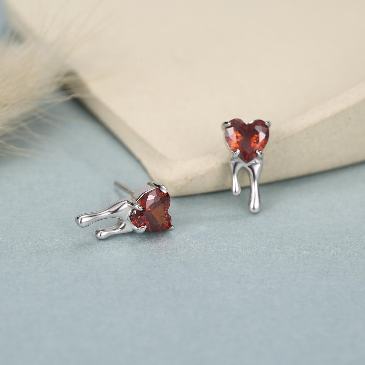 Sterling Silver Bleeding Heart Red CZ Stud Earrings