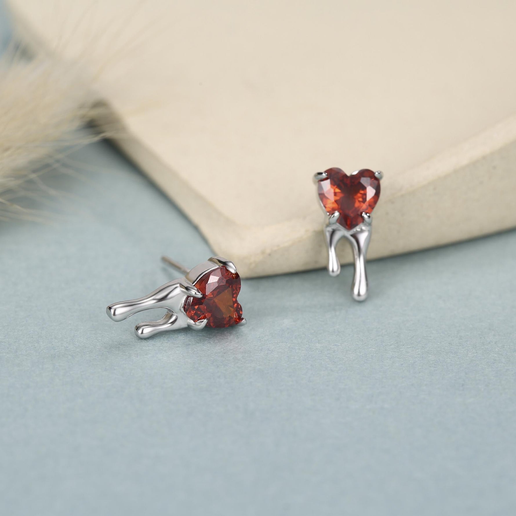 Sterling Silver Bleeding Heart Red CZ Stud Earrings