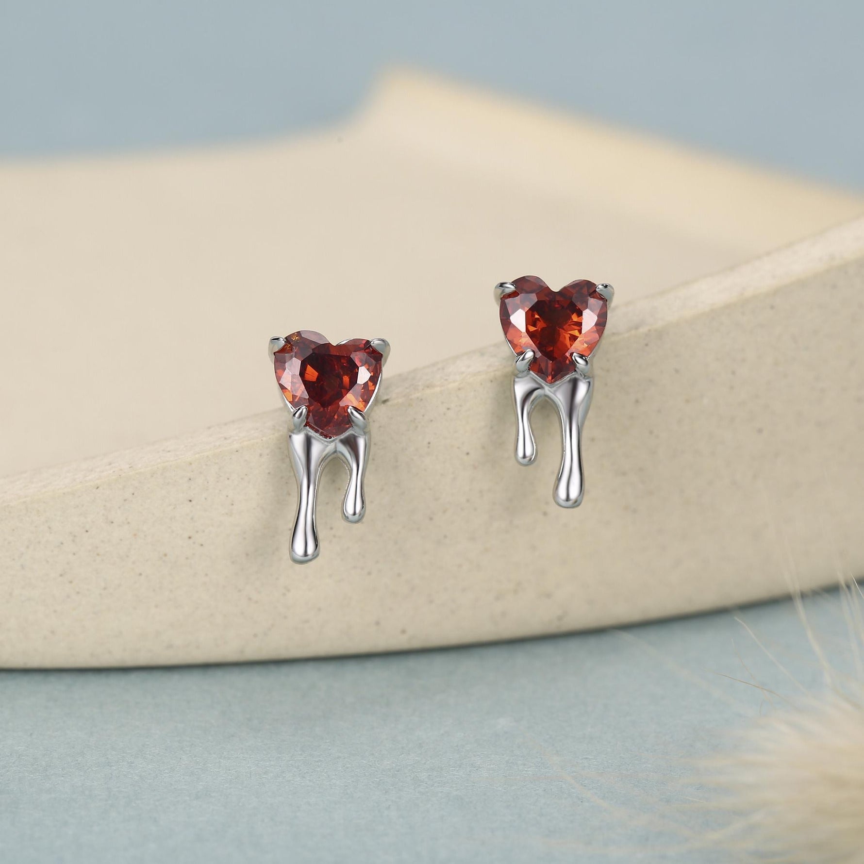 Sterling Silver Bleeding Heart Red CZ Stud Earrings
