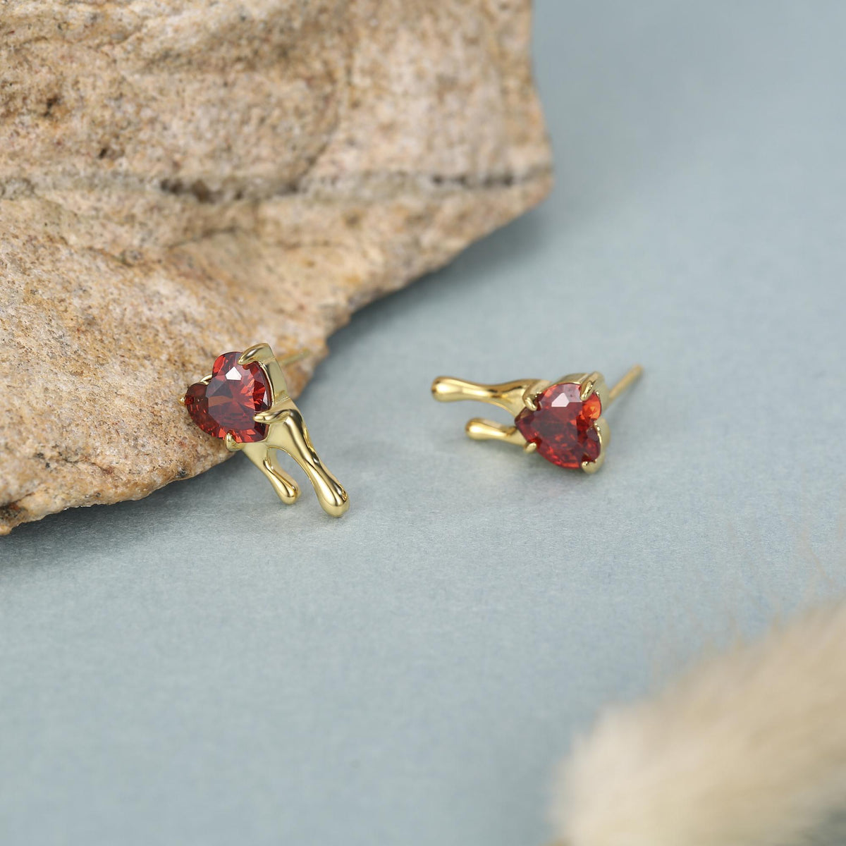 Sterling Silver Bleeding Heart Red CZ Stud Earrings