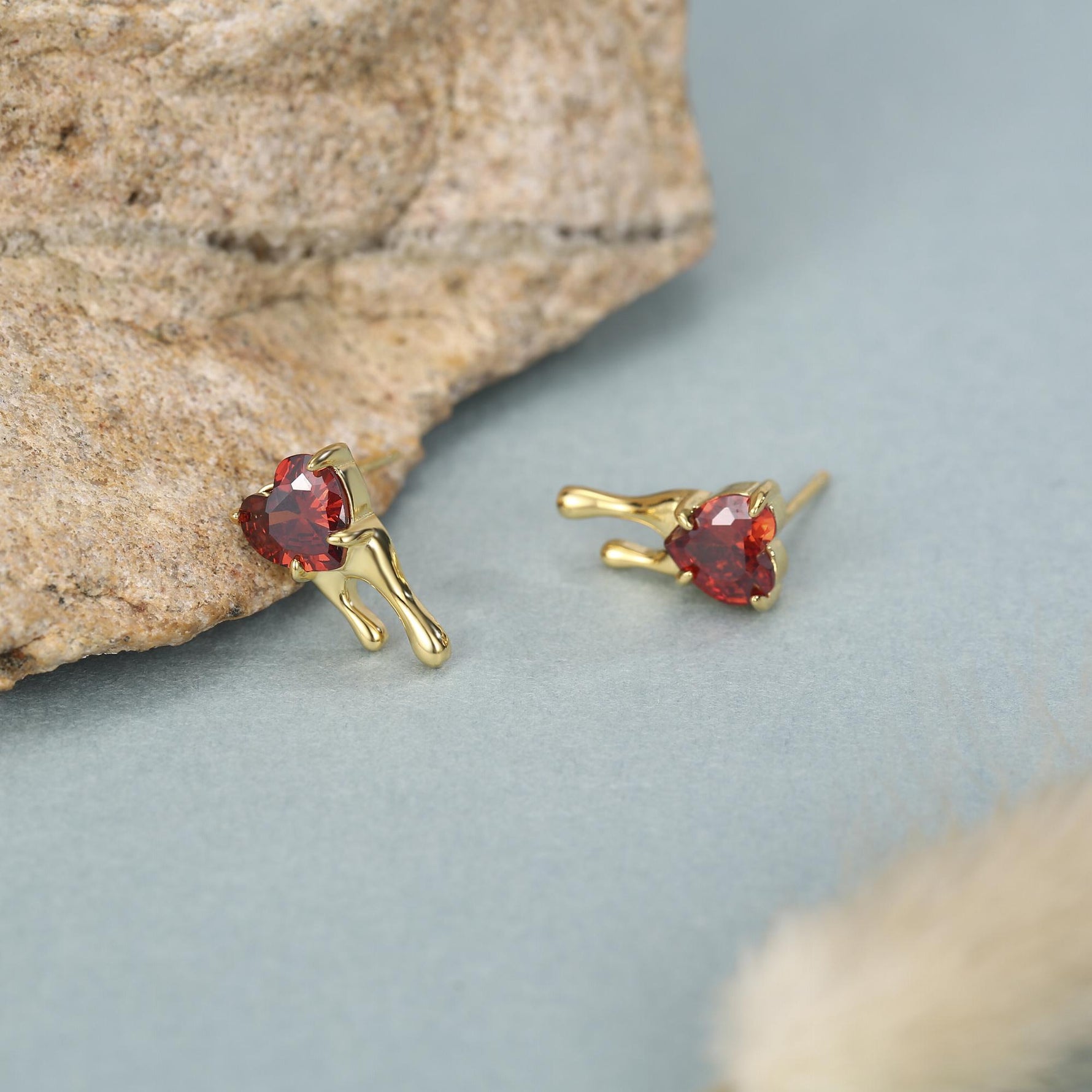 Sterling Silver Bleeding Heart Red CZ Stud Earrings