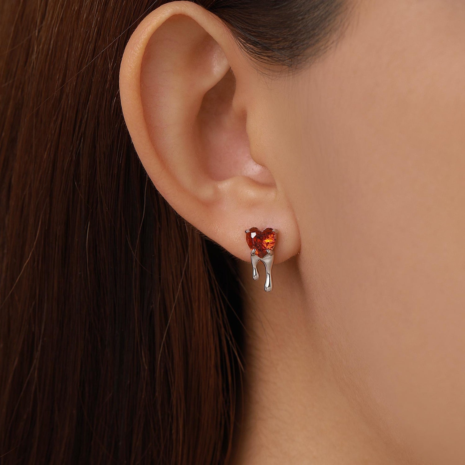 Sterling Silver Bleeding Heart Red CZ Stud Earrings