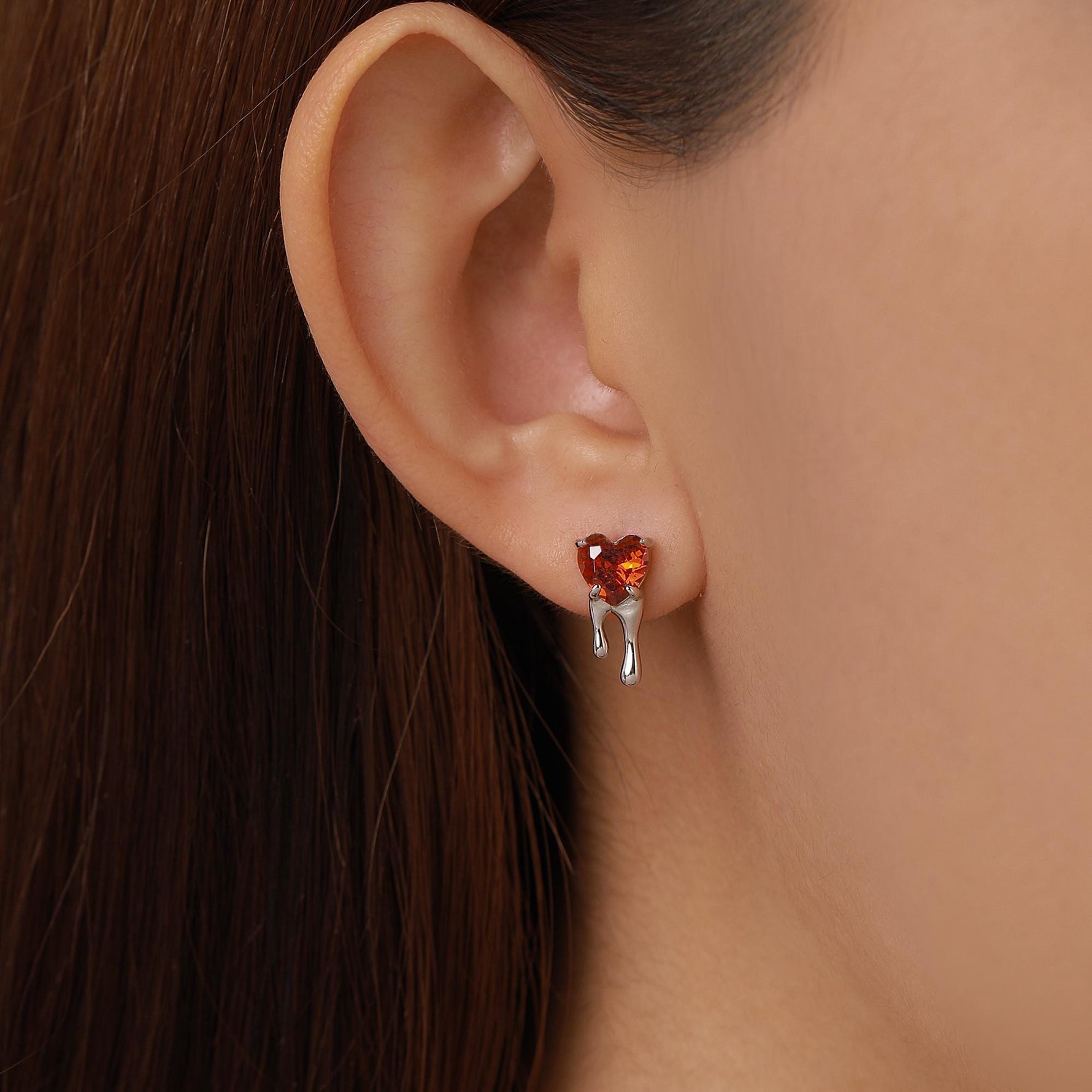 Sterling Silver Bleeding Heart Red CZ Stud Earrings