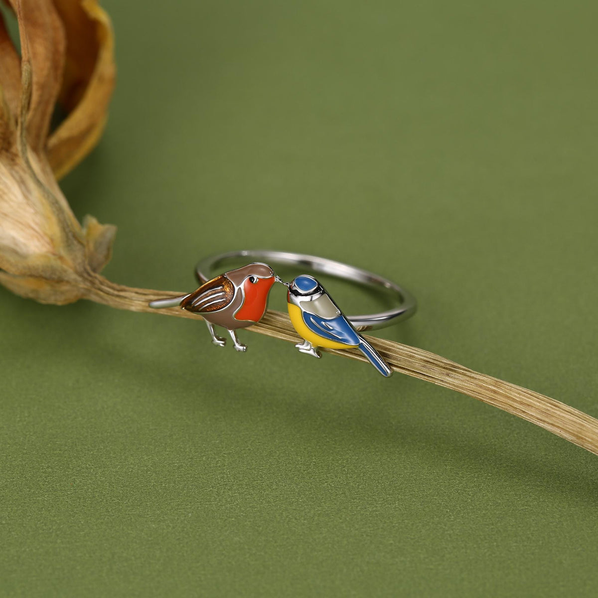 Sterling Silver Robin and Blue Tit Open Ring