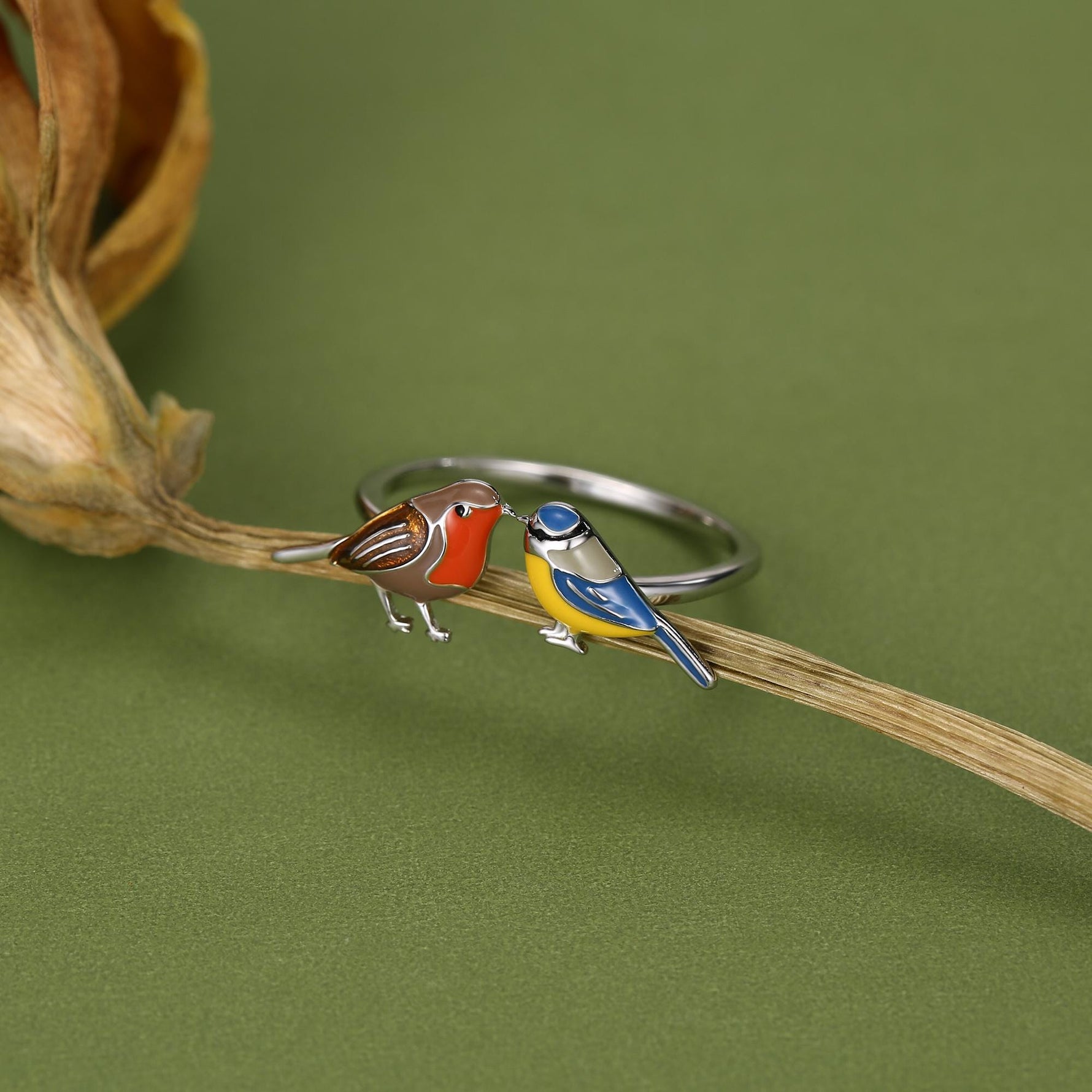 Sterling Silver Robin and Blue Tit Open Ring