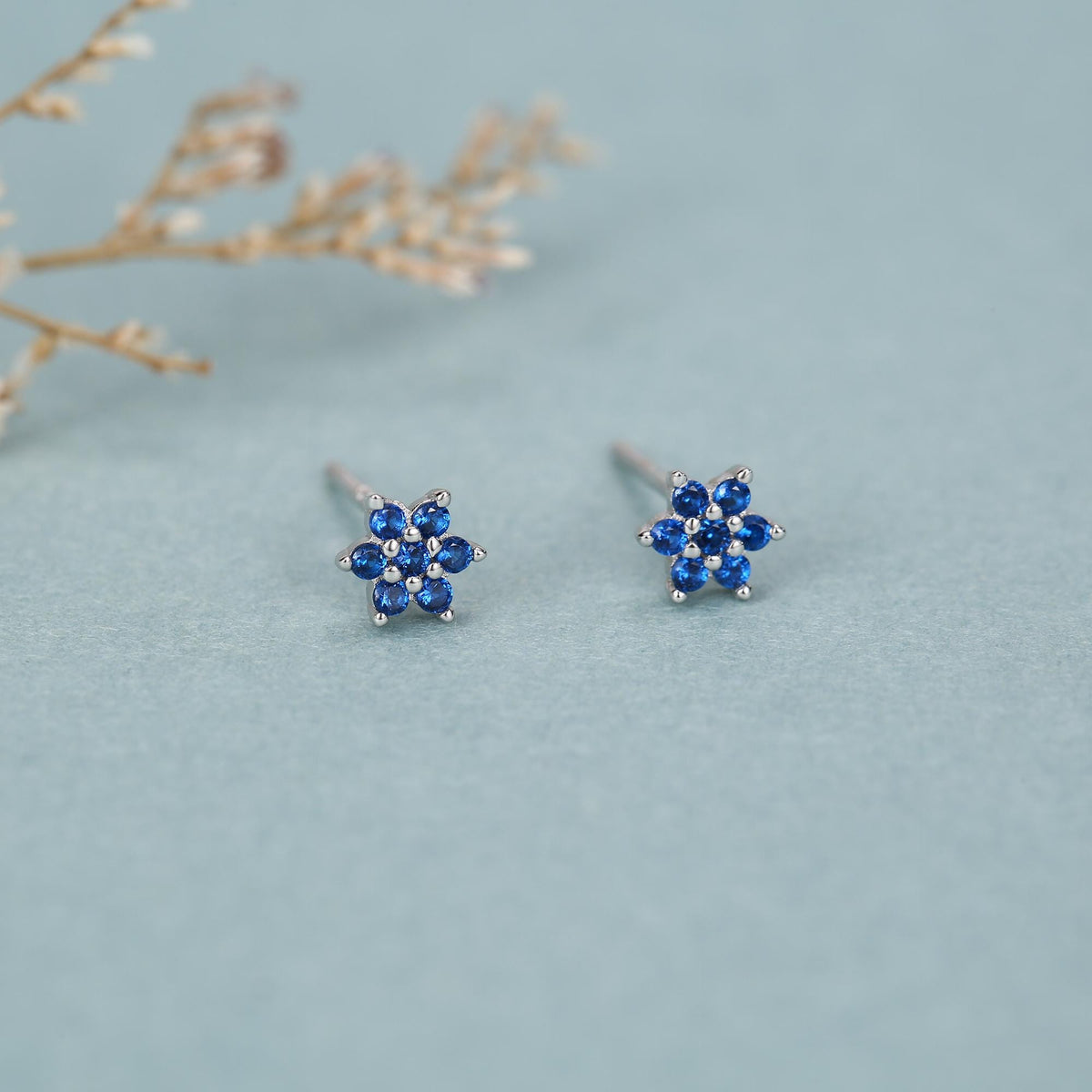 Sterling Silver Sapphire Blue CZ Flower Stud Earrings