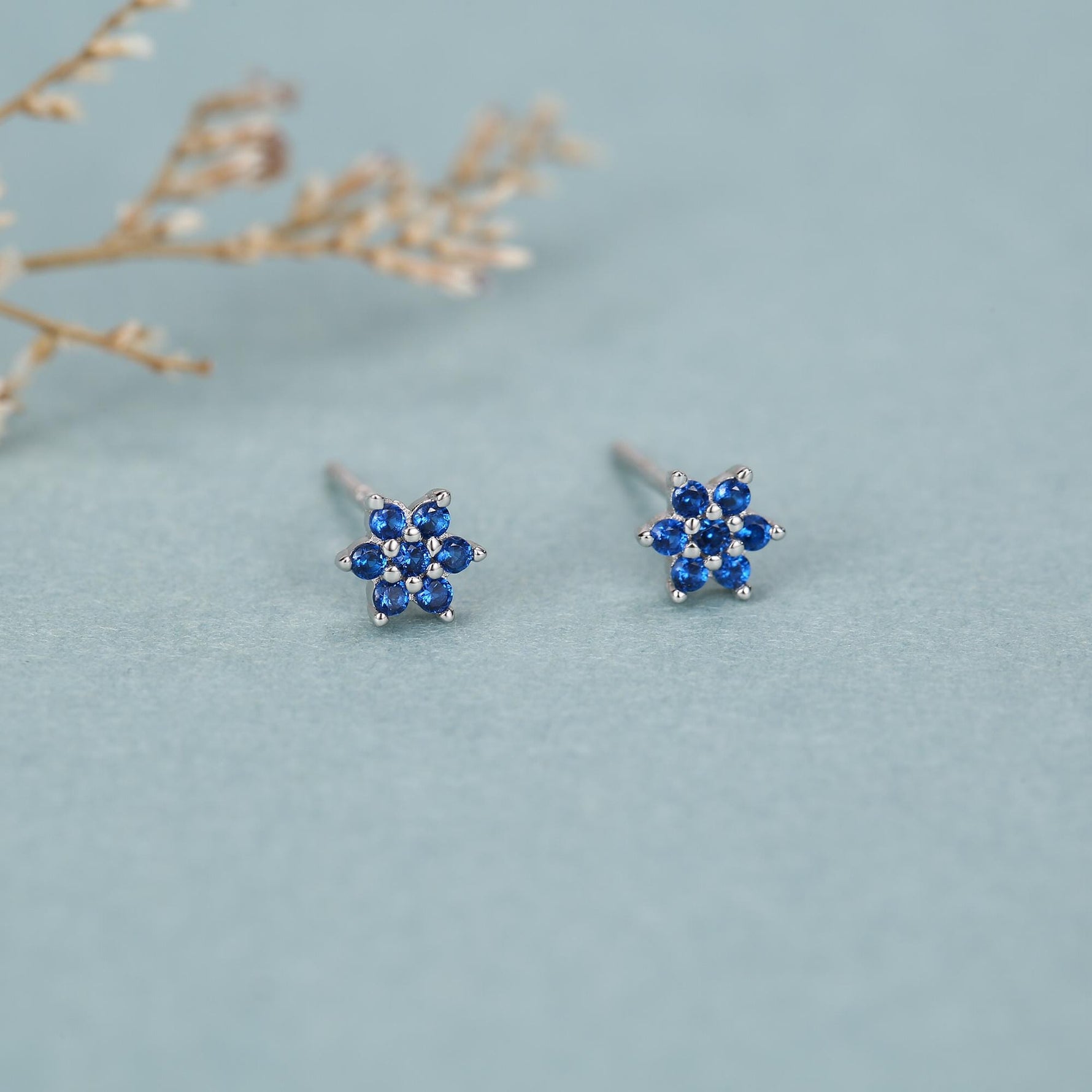 Sterling Silver Sapphire Blue CZ Flower Stud Earrings