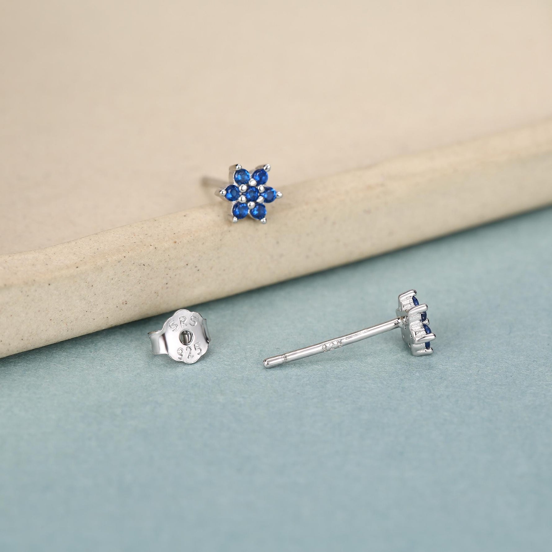 Sterling Silver Sapphire Blue CZ Flower Stud Earrings