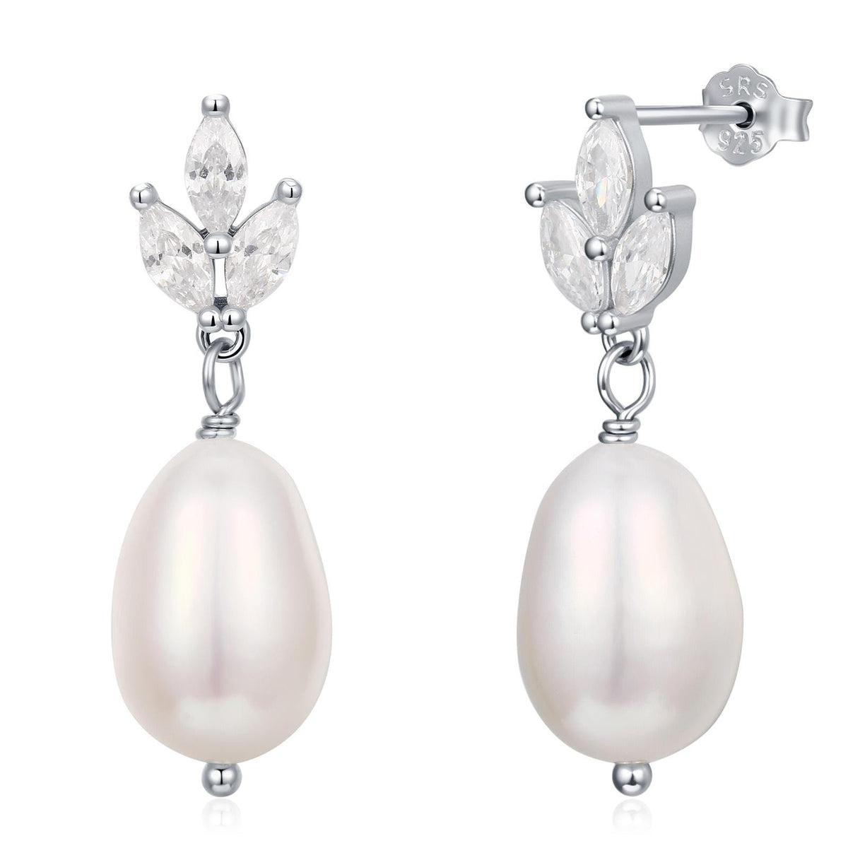 Sterling Silver Natural Freshwater Pearl and CZ Drop Earrings