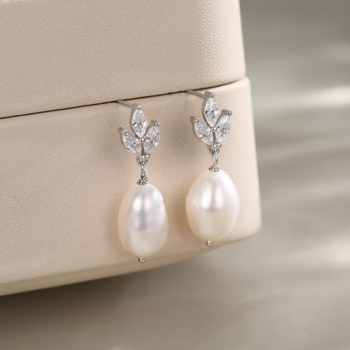 Sterling Silver Natural Freshwater Pearl and CZ Drop Earrings