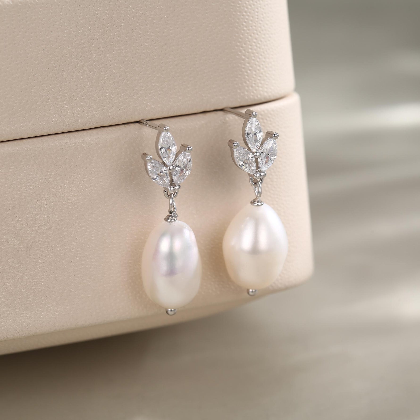 Sterling Silver Natural Freshwater Pearl and CZ Drop Earrings