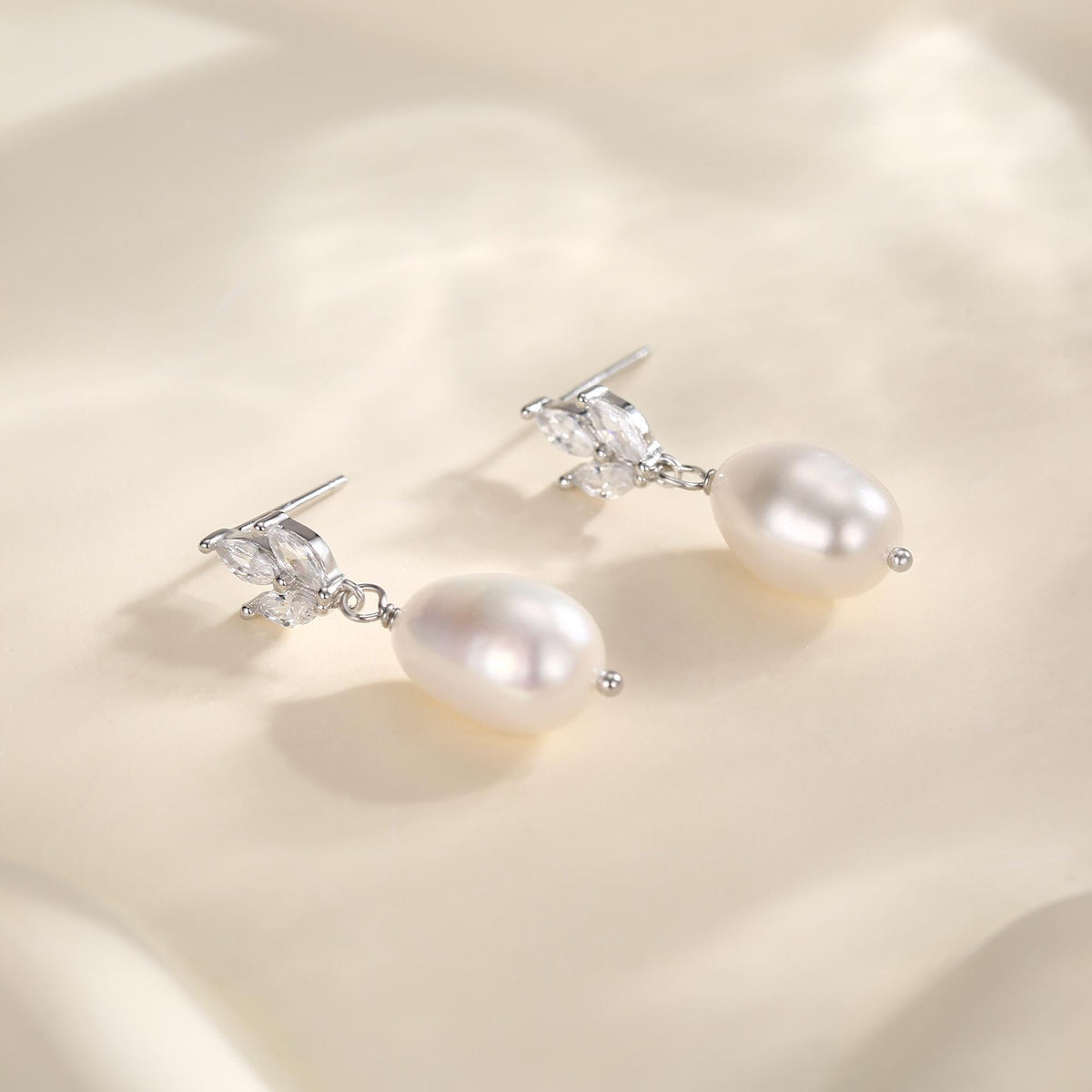 Sterling Silver Natural Freshwater Pearl and CZ Drop Earrings