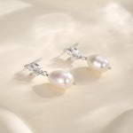 Sterling Silver Natural Freshwater Pearl and CZ Drop Earrings