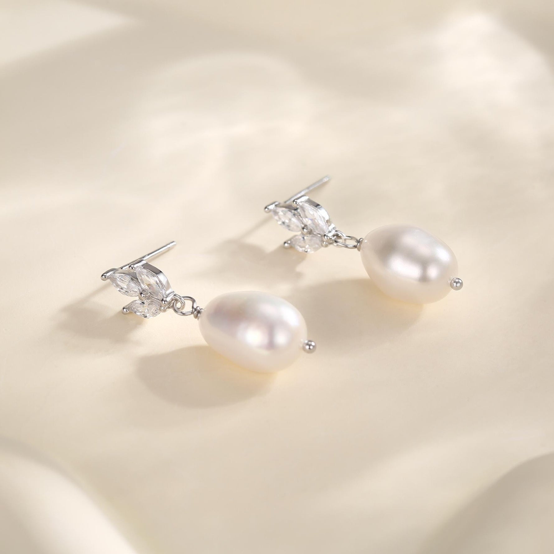 Sterling Silver Natural Freshwater Pearl and CZ Drop Earrings