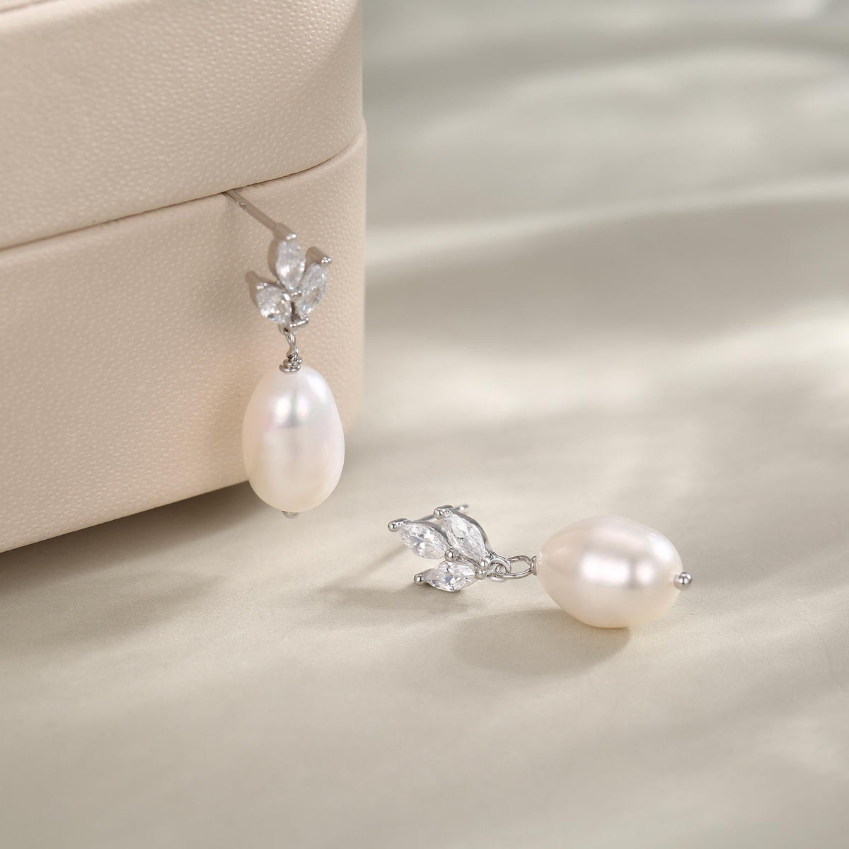 Sterling Silver Natural Freshwater Pearl and CZ Drop Earrings