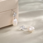 Sterling Silver Natural Freshwater Pearl and CZ Drop Earrings