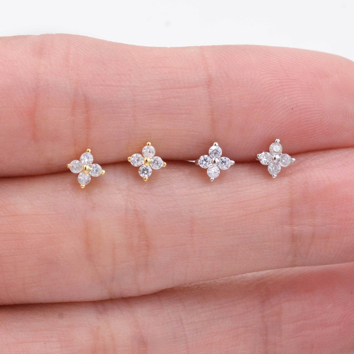 Very Tiny Hydrangea Flower Inspired Stud Earrings in Sterling Silver with Sparkly CZ Crystals, Simple and Minimalist