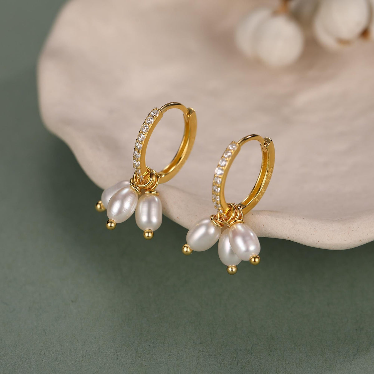 Natural Oval Pearl Trio CZ Huggie Hoop Earrings in Sterling Silver, Silver or Gold, Pearl Cluster Dangle Earrings, Genuine Freshwater Pearls