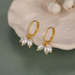 Natural Oval Pearl Trio CZ Huggie Hoop Earrings in Sterling Silver, Silver or Gold, Pearl Cluster Dangle Earrings, Genuine Freshwater Pearls