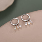 Natural Oval Pearl Trio CZ Huggie Hoop Earrings in Sterling Silver, Silver or Gold, Pearl Cluster Dangle Earrings, Genuine Freshwater Pearls