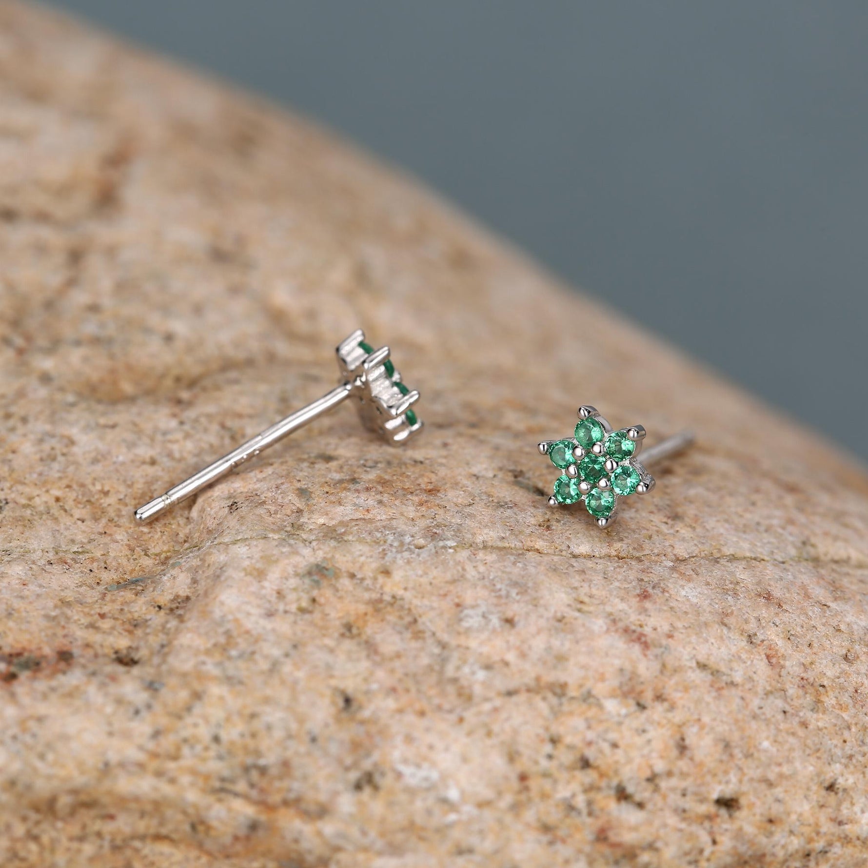 Pair of Very Tiny Emerald Green CZ Flower Stud Earrings in Sterling Silver, Silver or Gold, Crystal Flower Earrings, Stacking Earrings