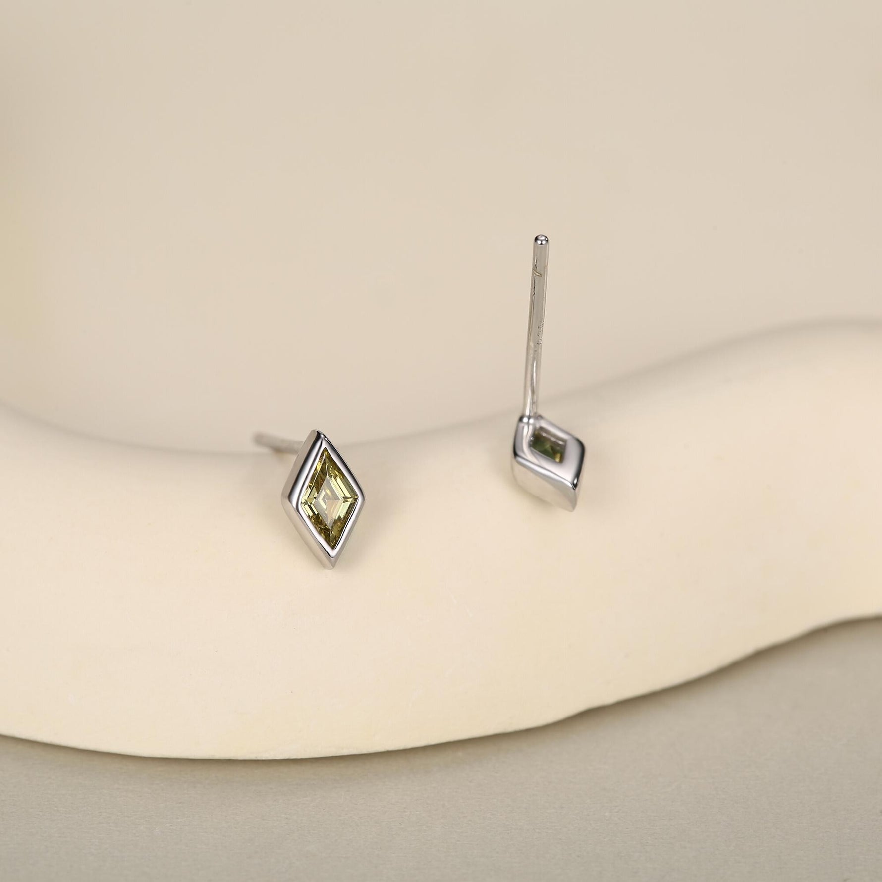 Sterling Silver Olive Green CZ Rhombus Stud Earrings