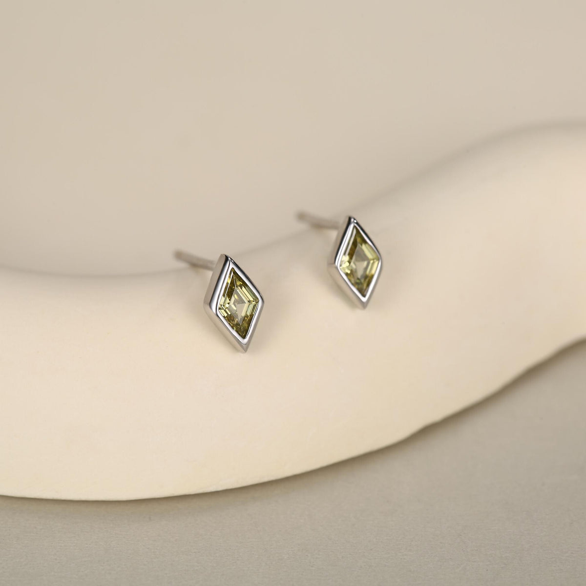 Sterling Silver Olive Green CZ Rhombus Stud Earrings