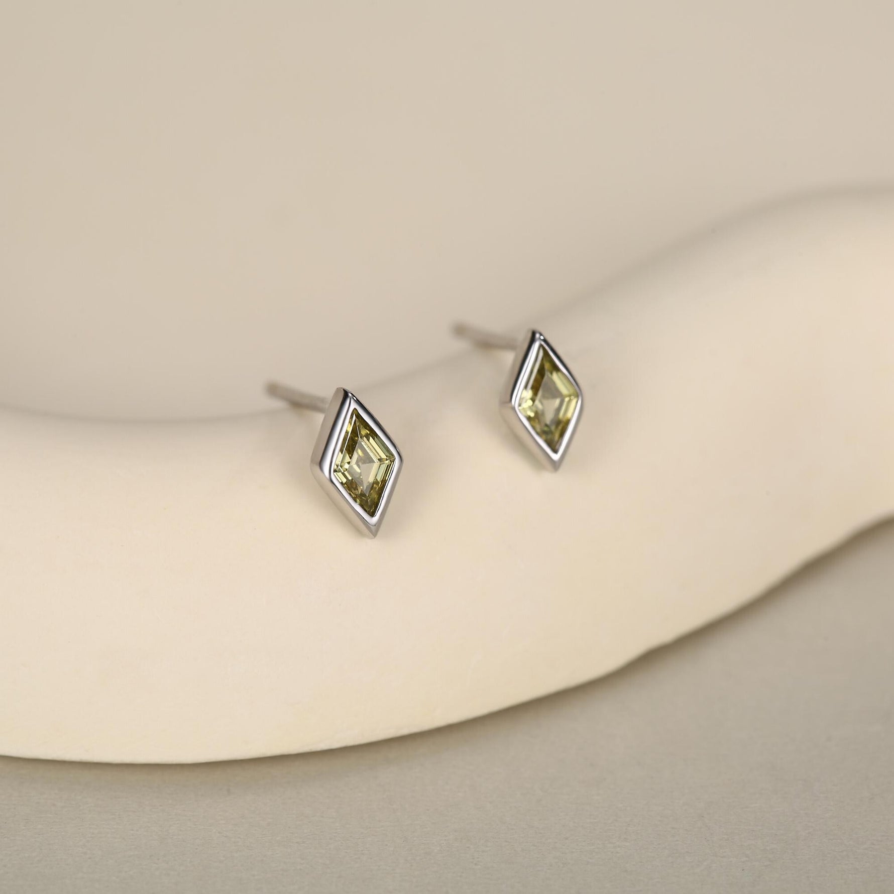 Sterling Silver Olive Green CZ Rhombus Stud Earrings