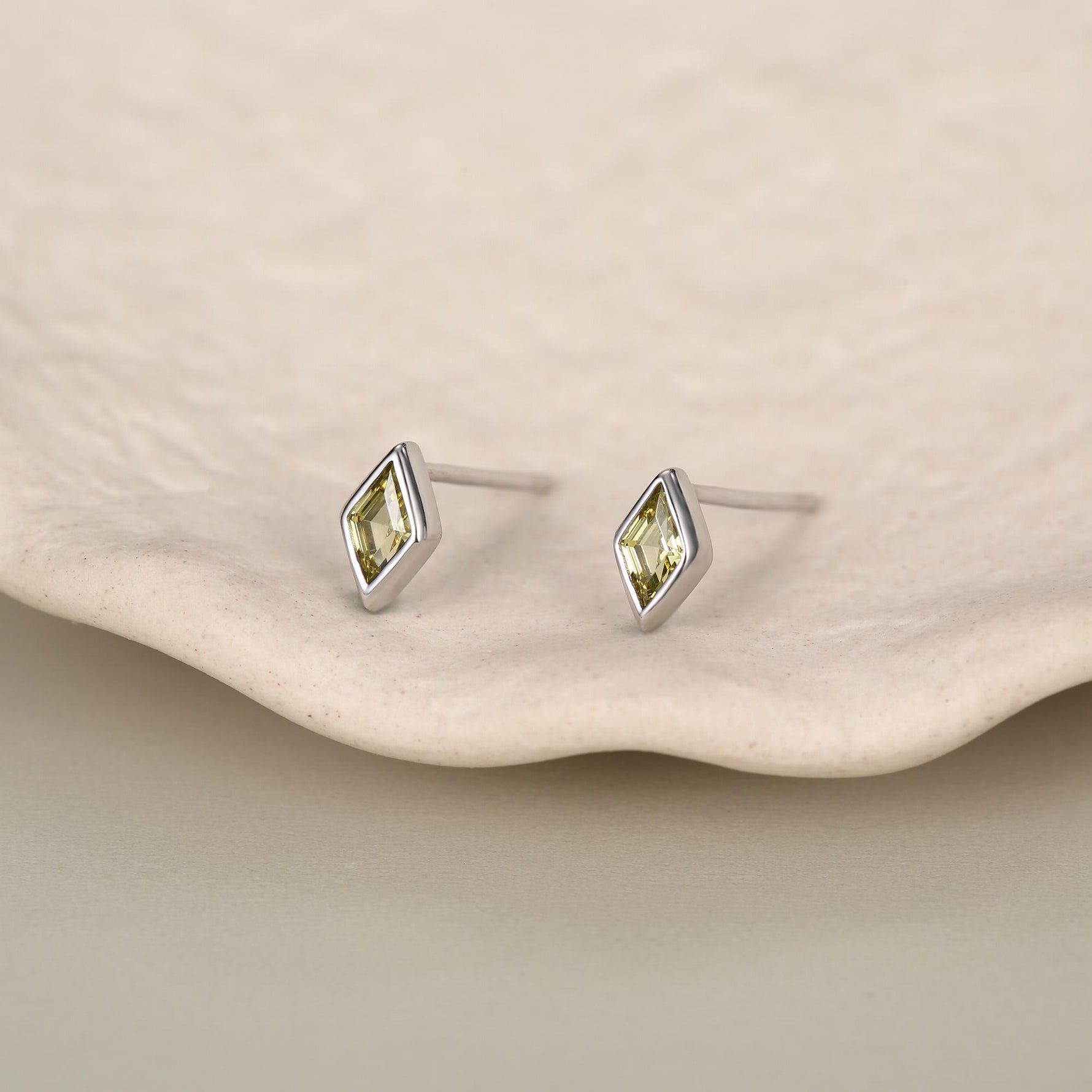 Sterling Silver Olive Green CZ Rhombus Stud Earrings