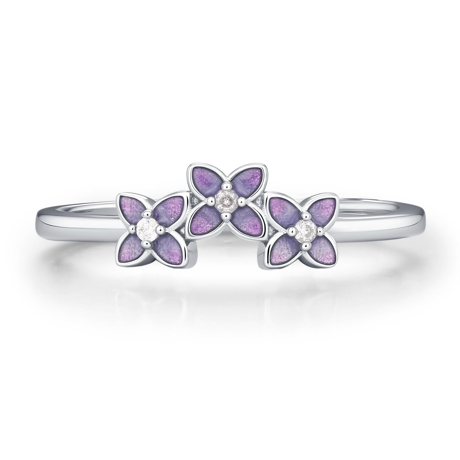 Sterling Silver Enamel Hydrangea and CZ Ring