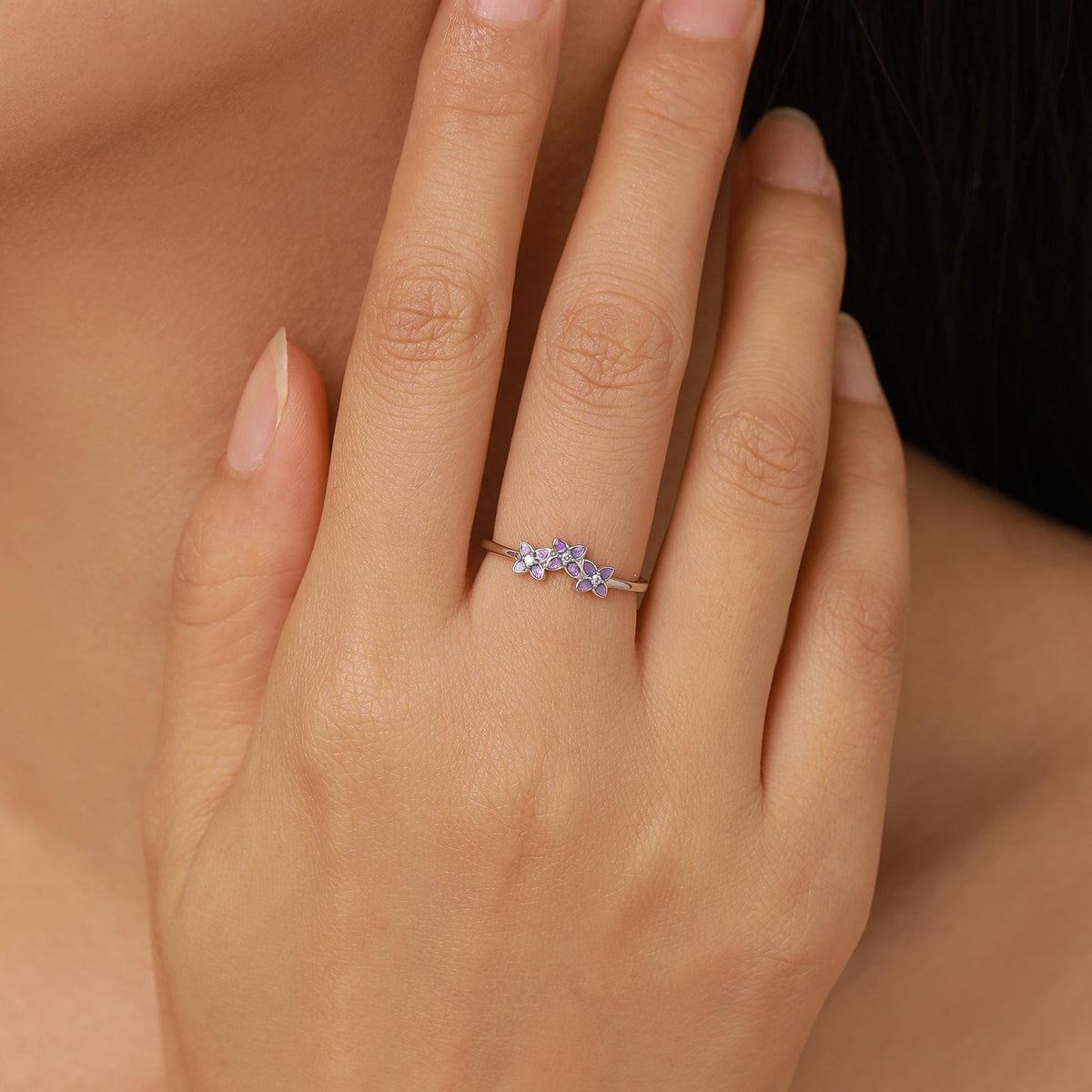 Sterling Silver Enamel Hydrangea and CZ Ring