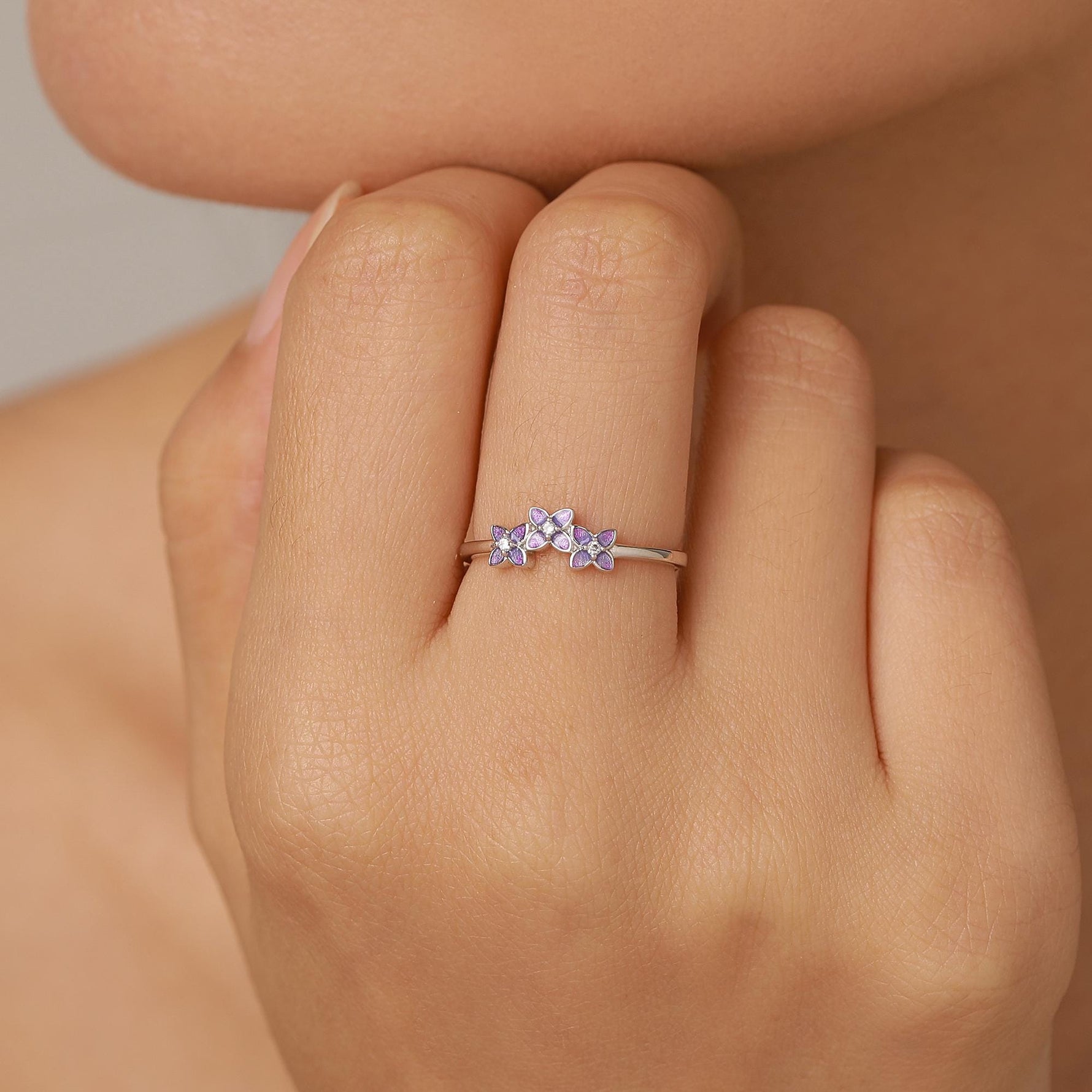 Sterling Silver Enamel Hydrangea and CZ Ring