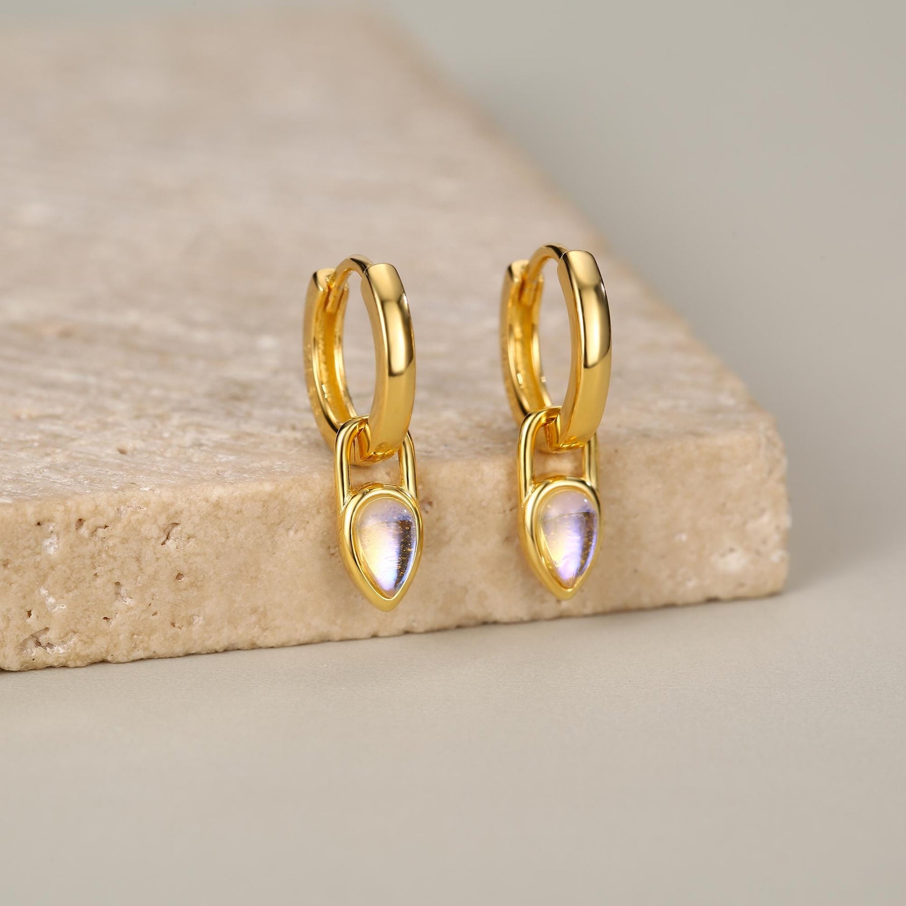 Sterling Silver Moonstone Teardrop Huggie Hoop Earrings